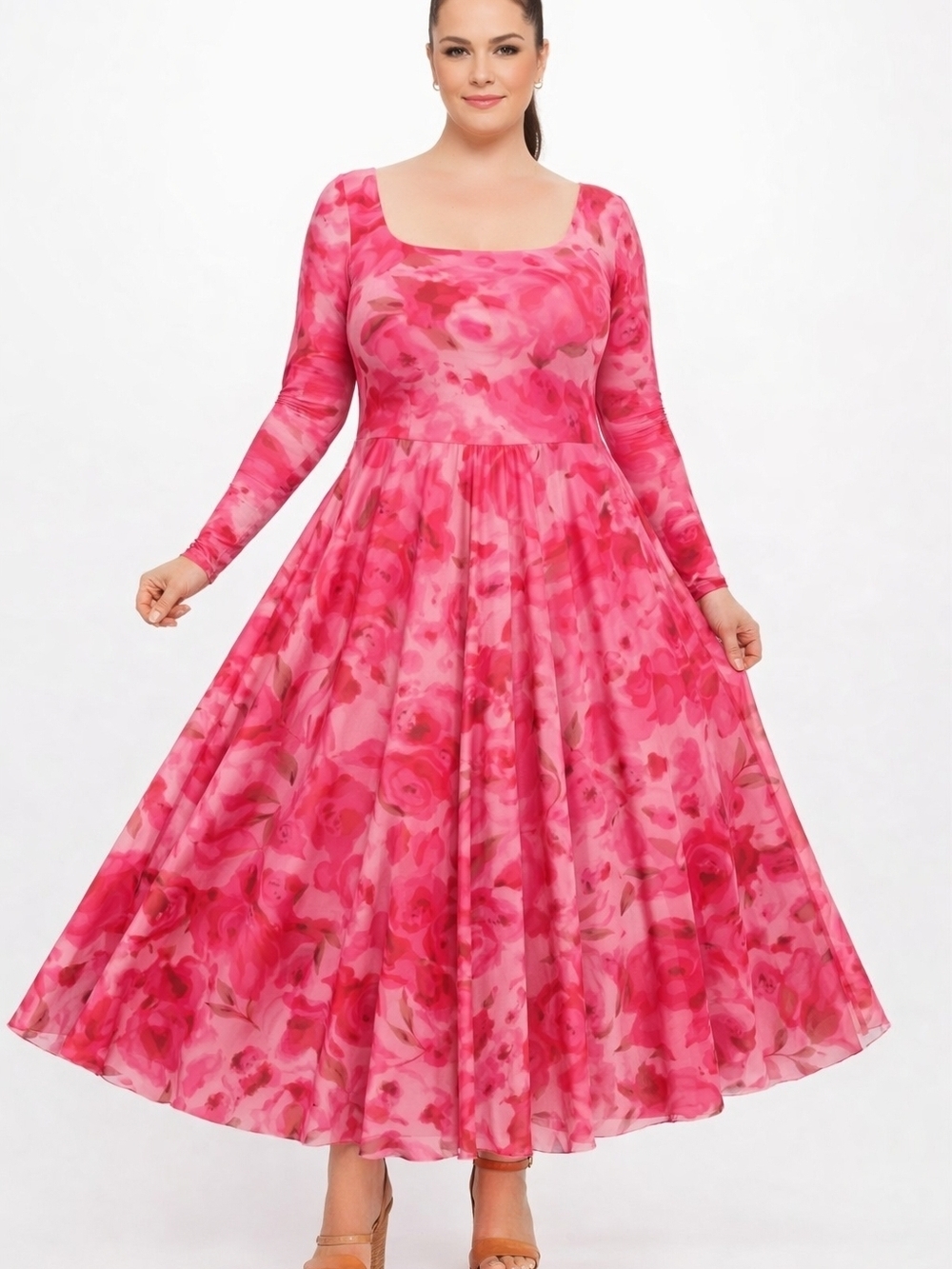BTFBM Floral Pink Midi Dress XXL Long Sleeve Square Neck Flowy Casual.